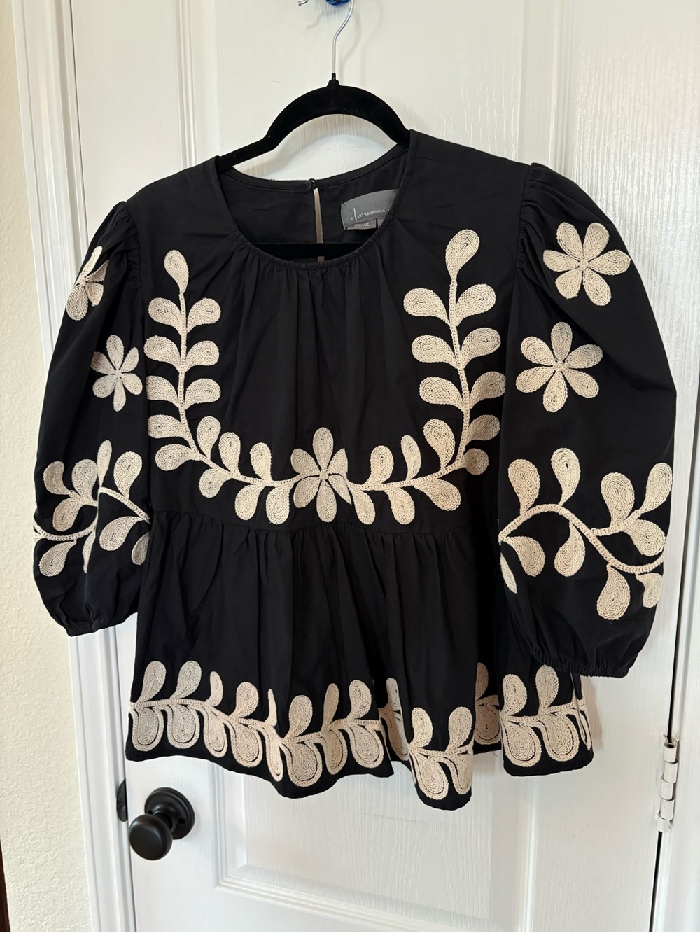 Anthropologie Black Tunic with Cream Floral Embroidery